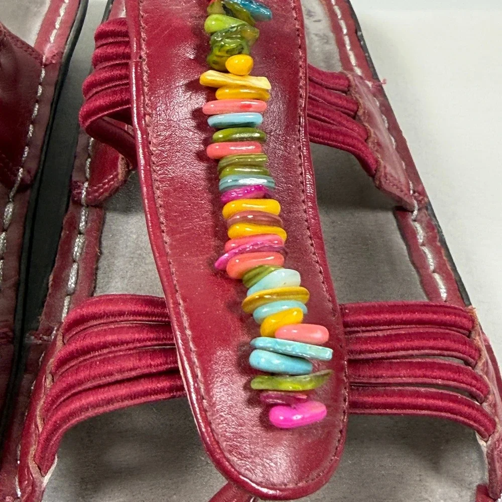 Alegria Red Leather Beaded Sandals PIS-615 Womens 39 Multi-Color Boho Slide